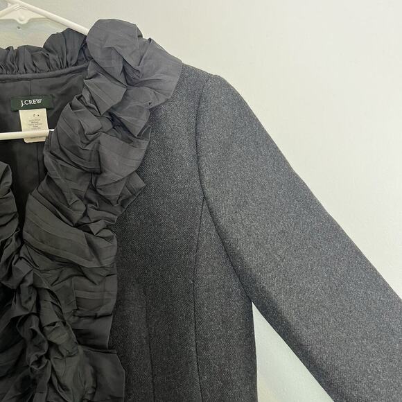 J Crew Womens Chimera Blazer Wool Silk Ruffle Trim Charcoal Gray Sz 4 office - Picture 4 of 13